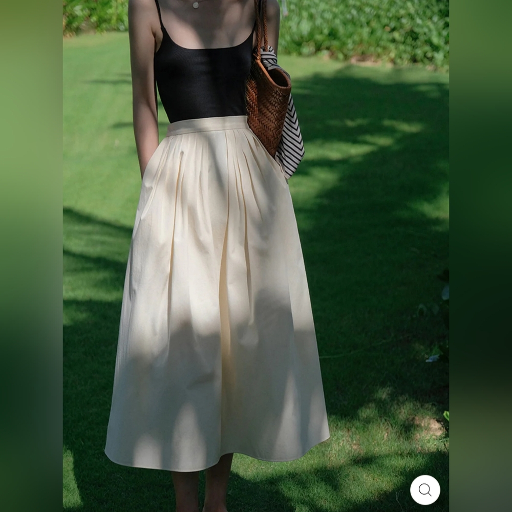 Roselili Sarah Retro Pleated Cream Maxi Skirt for Women